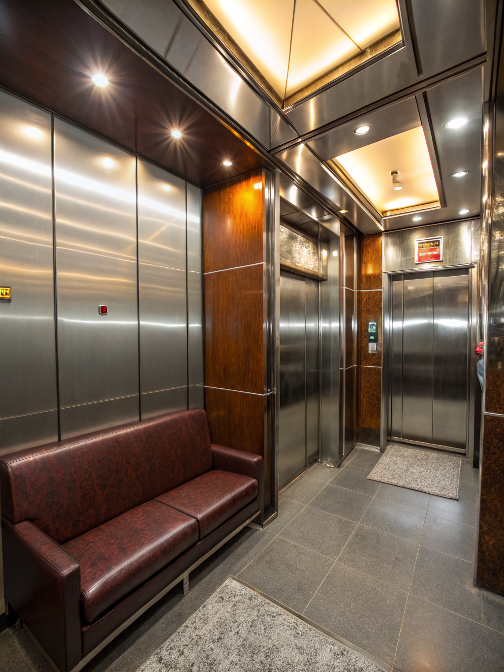 Modernized elevator cab interior with sleek finishes
